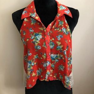 Red Floral Collar Top With Lace Long Back